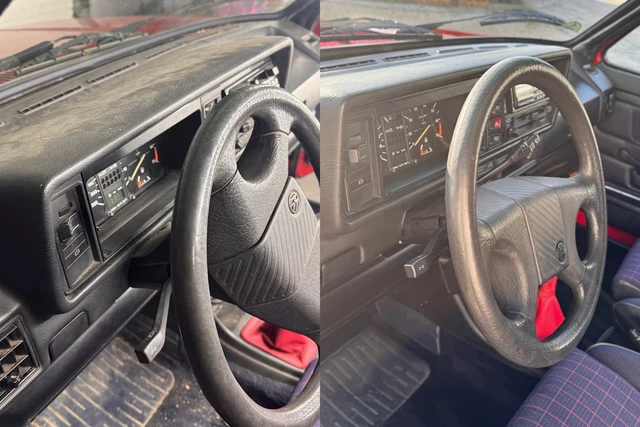 Cockpit vor und nach der Reinigung; reale Lenkradstellungen und unterschiedliches Sonnenlicht