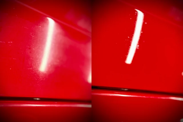 Lackdetail vor und nach der Korrektur, unterschiedliche Beleuchtungsreflexe