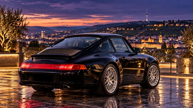 KI-Wallpaper: Porsche 911 (993), Heckansicht über Stuttgart in der Dämmerung